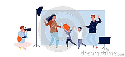 Happy family time. Parents with kids in photo studio with professional photographer. Isolated happy parenthood, making Vector Illustration