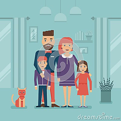 Happy Family and Cat Staying at Home Vector Illustration