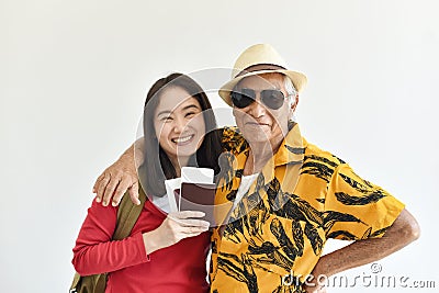 Happy family travel, Asian senior father and daughter exciting to have holiday trip. Stock Photo