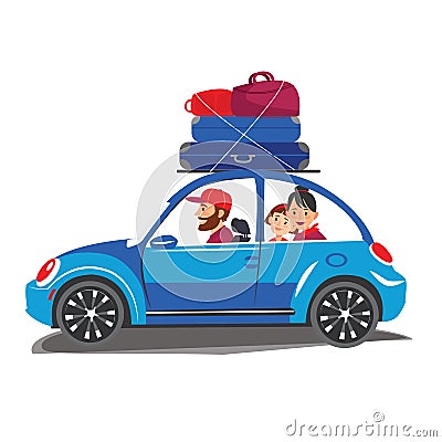 Happy family travel in a car The family go out of town for a vacation World Travel Summer holiday Tourism and vacation time Vector Illustration