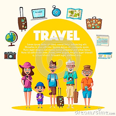 Happy family in travel. Journey of parents and child. Cartoon vector illustration Vector Illustration