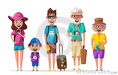 Happy family in travel. Journey of parents and child. Cartoon vector illustration Vector Illustration