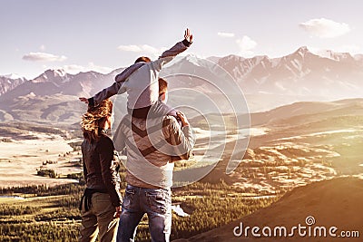 Happy family travel tourism mountains concept Stock Photo