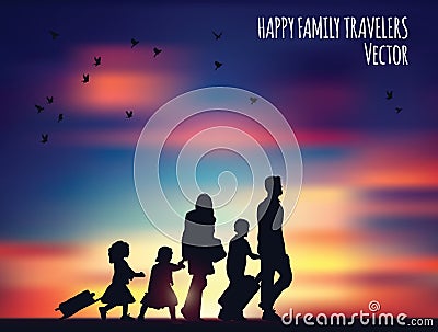 Happy family travelers and landscape. Vector Illustration