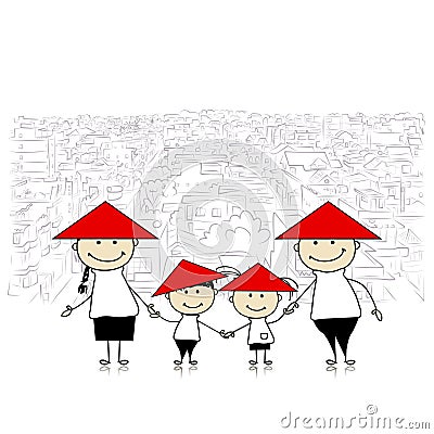 Happy family traveling in Asia. Sketch for your design Vector Illustration