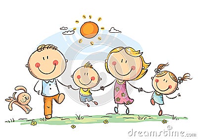 Happy family with two children having fun running outdoors Vector Illustration