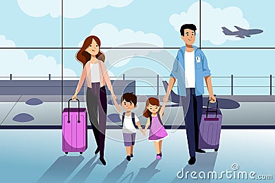 Happy family with two kids going to their summer vacation. Family travel by airplane. Vector flat cartoon illustration Vector Illustration