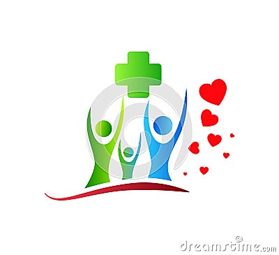 Happy Family union logo with lovely heart healthcare icon parent kids love parenting care symbol icon. Cartoon Illustration