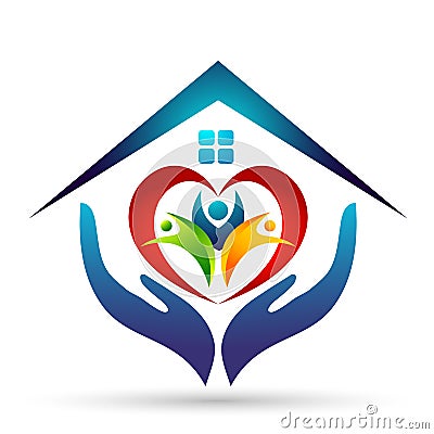 Happy Family union, love heart shaped hands care kids and care happy with home house roof shape logo. Stock Photo