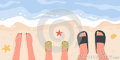 Happy family vacation on sandy beach, feet in beach flip flops of dad, mom and child Vector Illustration
