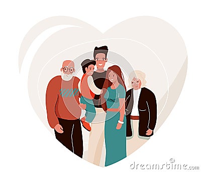 Happy family vector illustration in heart shape. Father, mother, grandfather, grandmother, child hug each other Vector Illustration