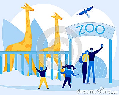 Happy Family Visiting Zoo with Wild Exotic Animals Vector Illustration