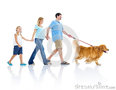 Happy Family Walk the Dog Stock Photo