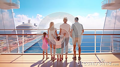 Happy family walking on deck of ship. Luxury cruise vacation Stock Photo