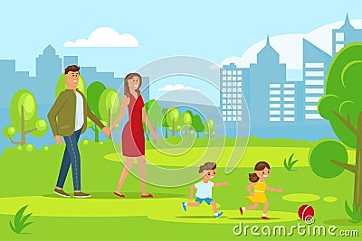 Happy family walking Vector Illustration