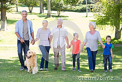 Happy family walking in the park with their dog Stock Photo