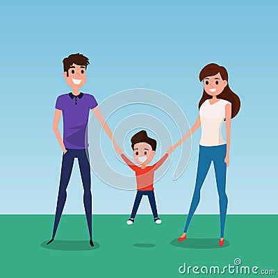 Happy family walking together and hold in hand. Father mother and son. Flat design style. Vector Illustration