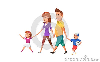 Happy family walking together. Vector illustration of happy parents with children walking together and having fun. Vector Illustration