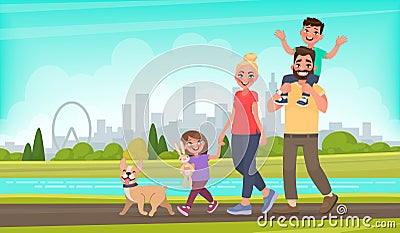 Happy family walks around the city park. Father, mother, son and daughter together outdoors. Vector illustration Cartoon Illustration