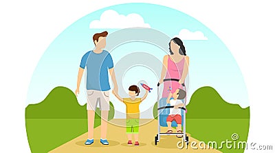 Happy family walks in a public park. Mom, dad, son and daughter are walking in the park against the background of nature Vector Illustration