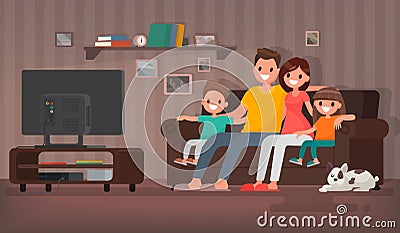 Happy family watching television sitting on the couch at home. V Cartoon Illustration