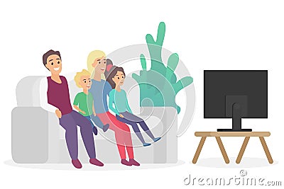 Happy family watching TV sitting on the couch sofa at home flat vector illustration. Vector Illustration