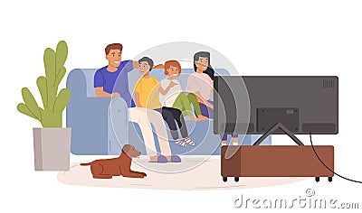 Happy family watching tv together vector flat illustration. Smiling cartoon mother, father and children relaxing at cozy Vector Illustration