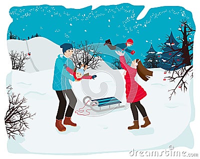 Happy family in winter park. Parents, father and mother, are playing with their children outdoors. Vector flat illustration Cartoon Illustration