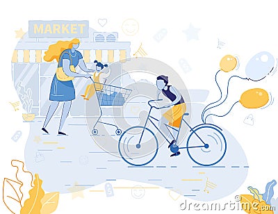 Happy Family of Mother Pushing Trolley with Goods Vector Illustration