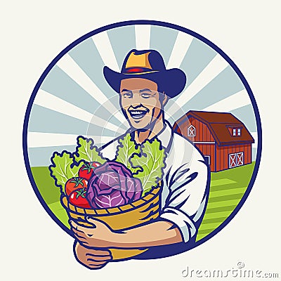 Happy farmer with a basket bull of vegetables Vector Illustration