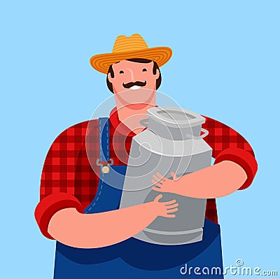 Happy farmer holding a big milk can. Dairy farm, cartoon vector illustration Vector Illustration