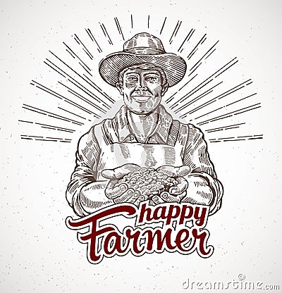 Happy farmer holding a handful of grain Vector Illustration