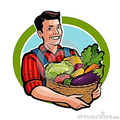 Happy farmer holding wicker basket full of fresh vegetables. Agriculture, farm, harvest concept. Cartoon vector Vector Illustration