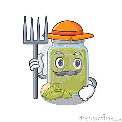 Happy Farmer pumpkin seed butter cartoon picture with hat and tools Vector Illustration