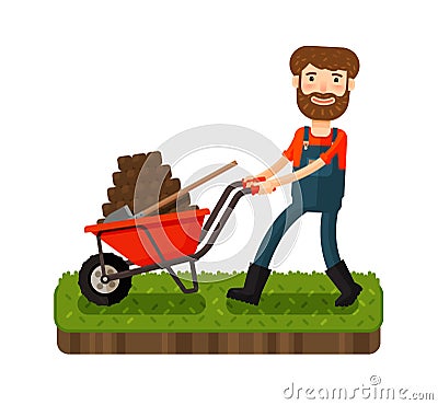 Happy farmer pushing a cart with black earth. Cartoon vector illustration Vector Illustration