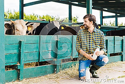happy farmer squatting looking at stable with cows and holding bottle Stock Photo