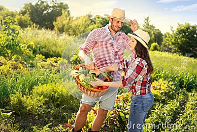 Happy farmer team working together Stock Photo