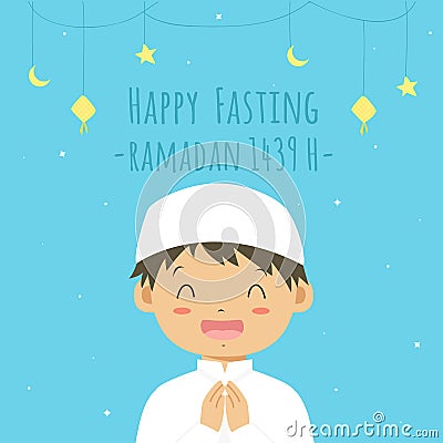 Happy Fasting Greeting Card, Muslim Boy Cartoon Vector Vector Illustration