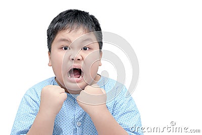 Happy fat boy or satisfied, pleased face isolated Stock Photo