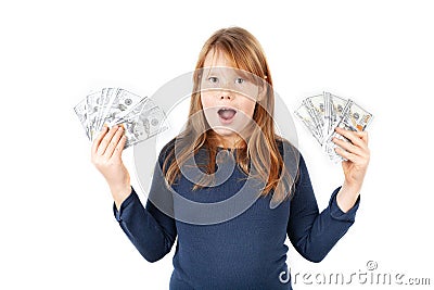 Happy fat girl holding dollars in her hands. Money for toys and sweets Stock Photo