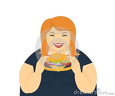 Happy fat woman eating a big hamburger Vector Illustration