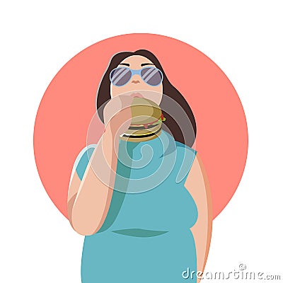 Happy fat woman eating a big tasty hamburger. Flat concept illustration of bad habits and people eating burgers and junk Vector Illustration