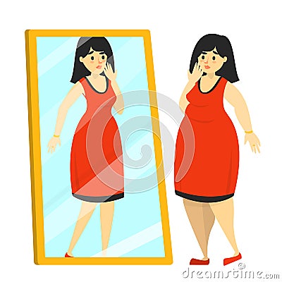 Happy fat woman in red dress looking at fit reflection Cartoon Illustration