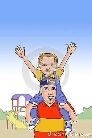 Happy father carrying his child on his shoulder illustration Cartoon Illustration