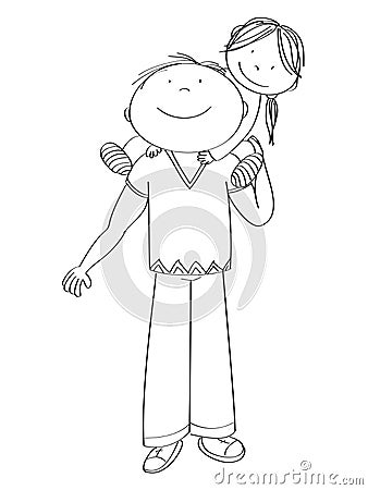 Happy father carrying little child, his daughter, on his shoulders Vector Illustration