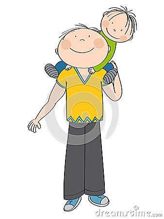 Happy father carrying little child, his son, on his shoulders. Vector Illustration