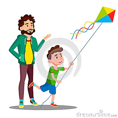 Happy Father And Child Son Launch A Kite Vector. Isolated Illustration Vector Illustration