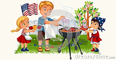 Happy father cooking meat and onion with daughter Vector Illustration