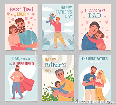 Happy father day. Gift cards with fathers and kids. Man hug daughter, play with son and baby. Superhero dad, best father poster Vector Illustration