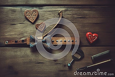 Happy Father Day Message On Wooden Background With Tools, Belt Buckle And Heart. Generative AI Stock Photo